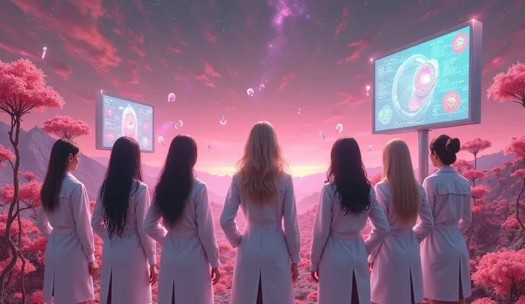 Seven beautiful female doctors stand with their backs to the camera, facing an otherworldly alien landscape. They are dressed in pristine white medical coats, with some coats neatly buttoned while others are slightly open, revealing hints of their professi...