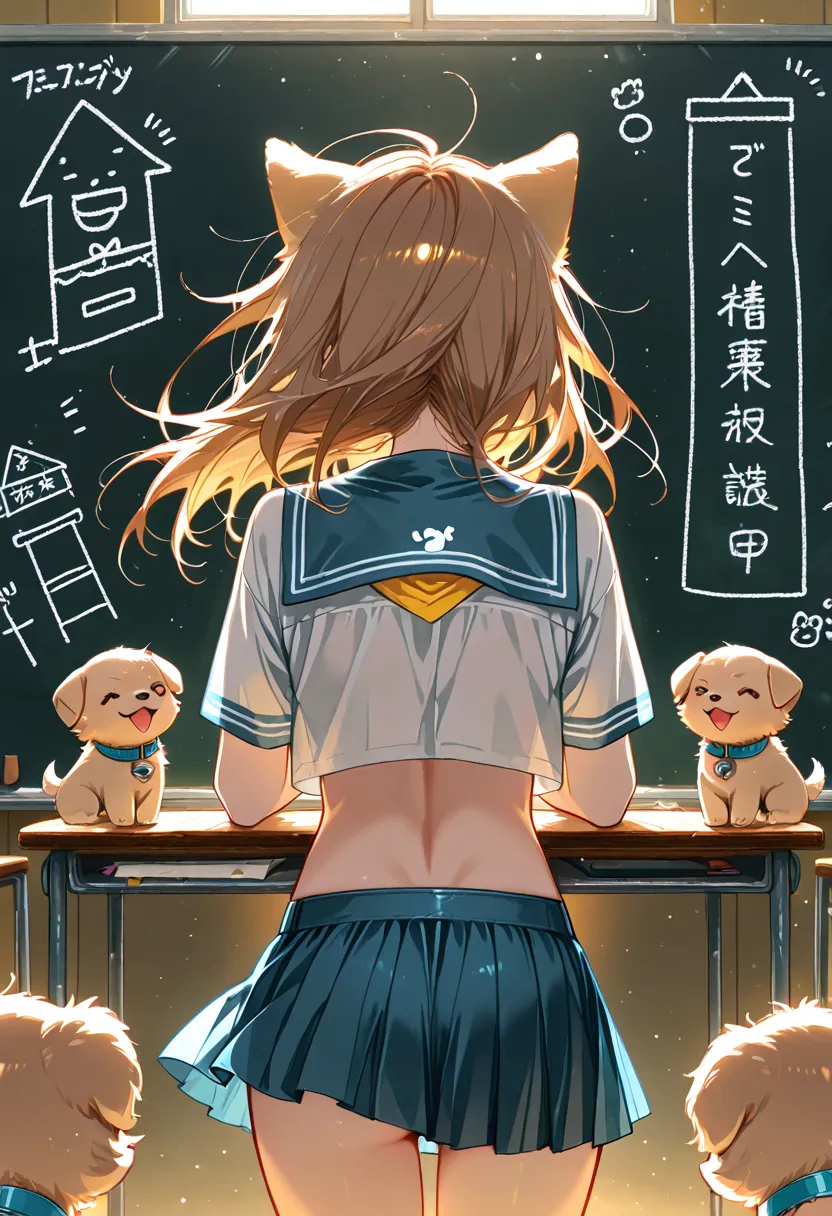 Nsfw, 1girl, solo, loli, dog girl, dog ears, small breasts, neck bell, right brown eyes, 
long hair, messy hair , cleavage, floating hair, microskirt, 
happy, closed eyes, 
with puppy, 

serafuku, 

Writing on the blackboard, hands up, 
blackboard displays...