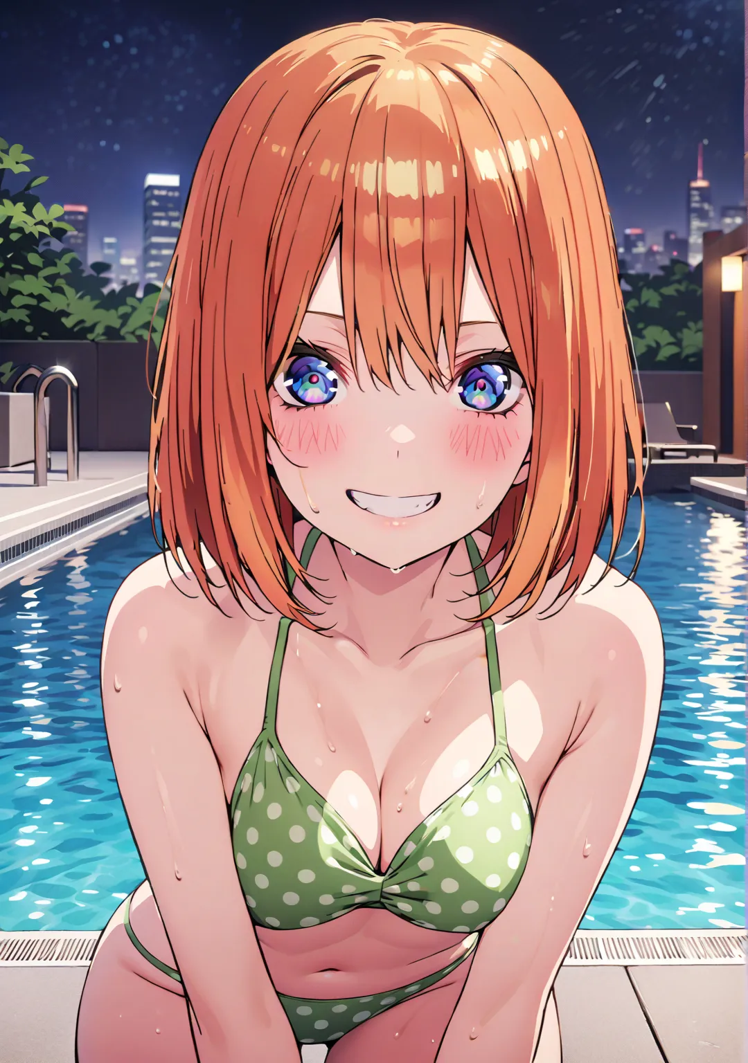 score_9, score_8_up, score_7_up,  source_anime, Nakano Yotsuba, short hair, bungs, blue eyes,  o, Orange Hair,  eyebrows hidden by parasoled hair ,Orange Hair, smile,blush, grin ,half updo,Green string bikini swimsuit,Bare legs,wet hair,wet skin, wet swims...