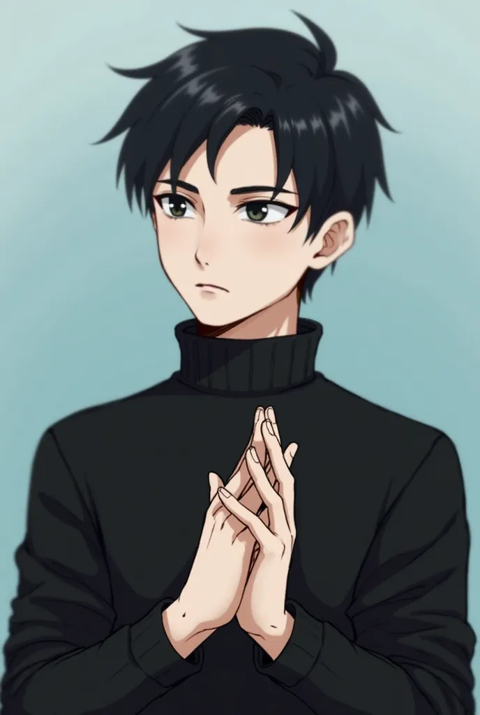 A young man with short dark hair and a side parting gazes off to the side, his face marked by a serious expression. He is wearing a black turtleneck sweater and holds his hands clasped together in front of him. The background is a soft gradient of light bl...