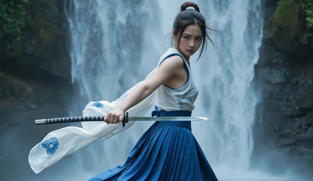 samurai woman, katana slash, mid-action, cutting horizontally, blue pleated hakama flowing, white sleeveless top with blue embroidery, fabric rippling from motion, waist sash fluttering, dramatic motion, intense expression, waterfall background, cinematic ...