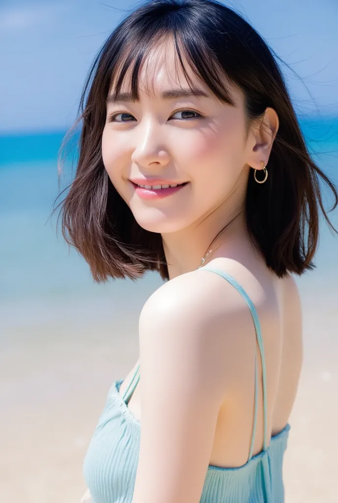 1 girl, Adult Female,Age 30,beautiful face,Japanese,black hair semi-long,Big Breasts, bikini、gravure pose without glasses、bikiniを着た元気な若い女性が、They are happily posing in an enchanting pose at the seaside in summer。 she has a bright smile 、Beautiful skin and、h...