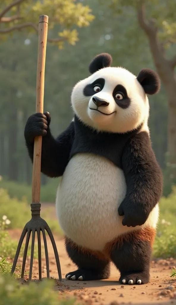 generate realistic pixar style image :Panda’s lifted paw lands directly on the base of the rake, pressing it into the ground. The rake handle begins to lift upward, and Panda’s expression shifts to confusion as it looks down at its paw.