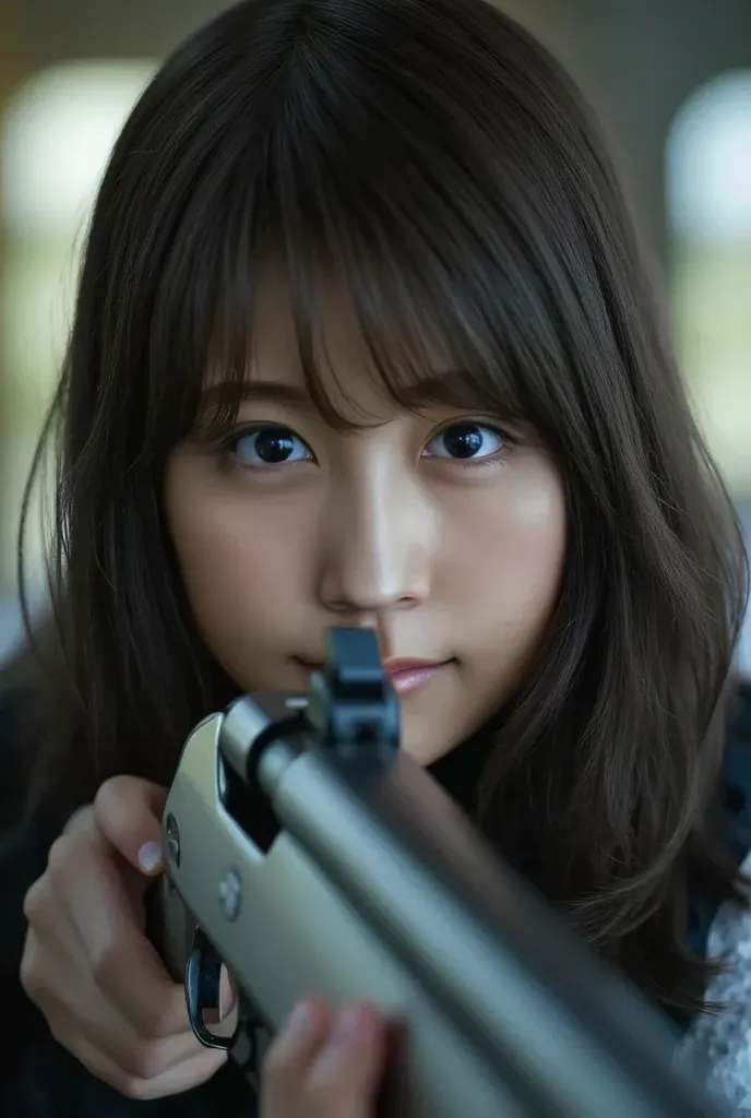 A photo of a Japanese girl aiming a sniper rifle taken with a 70mm lens, The expression is focused and intense,  Color Temperature Is Cool , While simulating, Highlighting the sharp details of the rifle and her determined gaze, Natural light with soft shad...