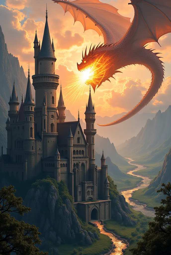 Castle with a dragon in the background that breathes fire 