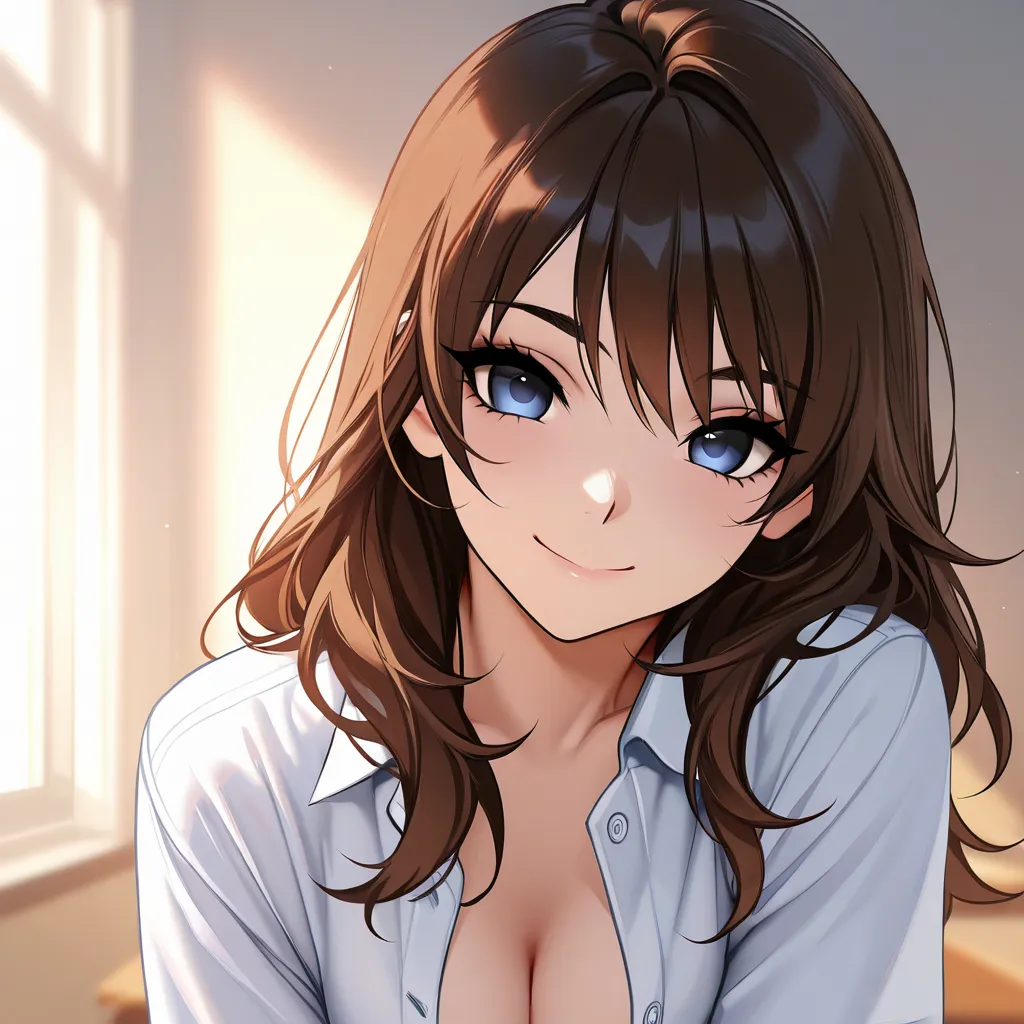 4K, ( Masterpiece ), Top quality,  2D, ((nsfv)), (anime schoolgirl ), (unbuttoned shirt), (), soski, long brown hair, BLUE EYES,  smile, full length,  clear eyes, black lashes, (difficult, Detailed),  Dramatic ,  makoto shinkai , trending on CGSociety