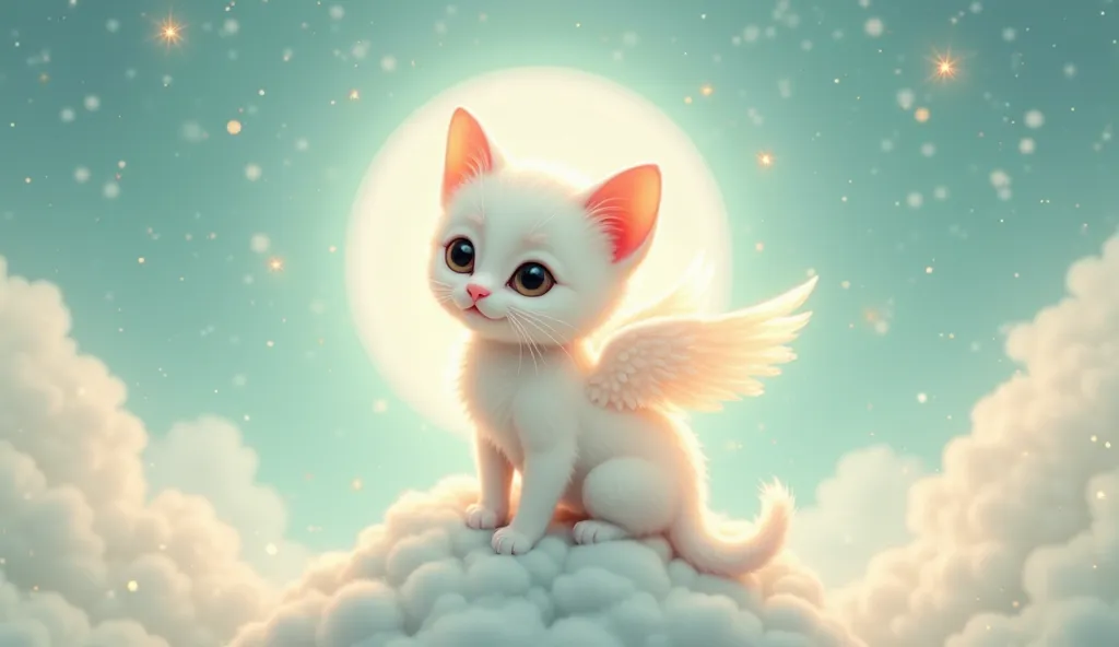 "A heartwarming fairy-tale illustration of a baby kitten with angel wings, its snowy white fur glowing under a radiant, mint-colored sky. The kitten is perched atop a fluffy cloud, while a backdrop of twinkling stars and a luminous moon adds a magical touc...