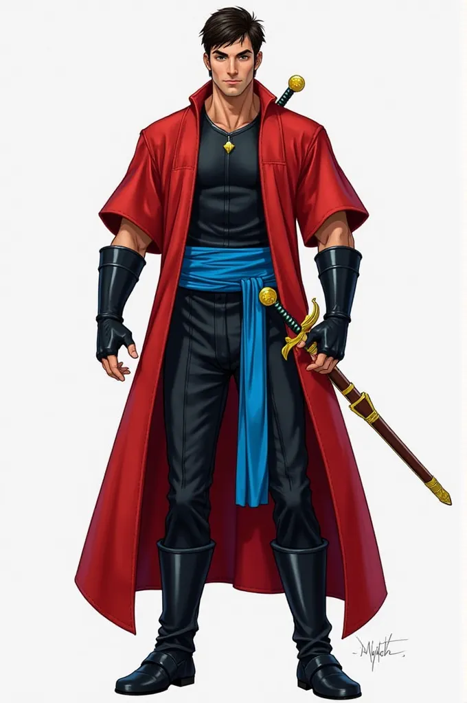 Red long coat/Robe (Red long coat, Akai nagagi): A long, open-front coat, in red.
Black under-shirt and pants (Black shirt and trousers, Kuroi shatsu to zubon): Worn beneath the red coat.
Blue sash (Blue Belt, Aoi obi): Tied around the waist, over the coat...