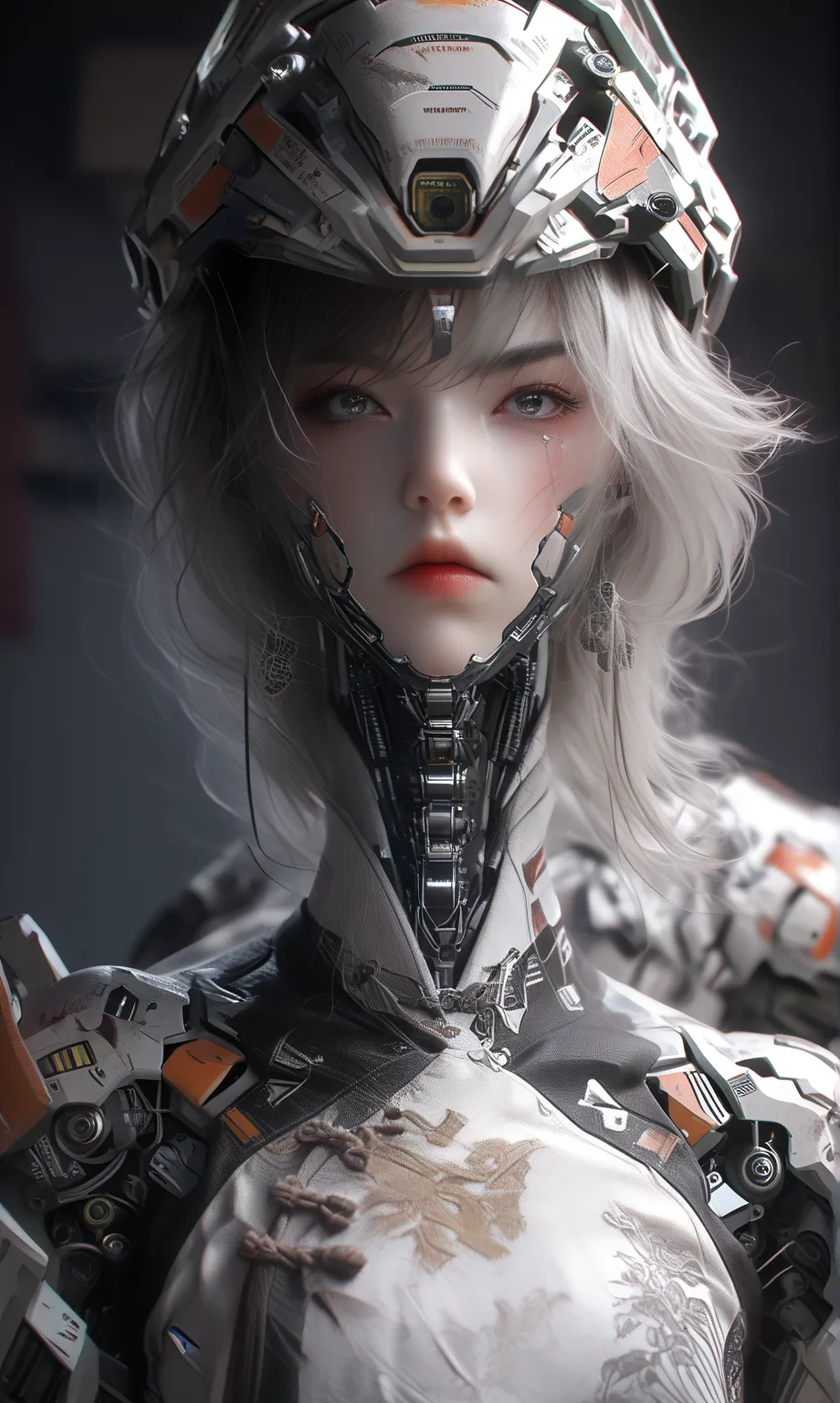 a cyborg that is fully robotic/mechanical except the human brain  that incased in   a  hard transparent head/helmet (acrylic polycarbonate plastic)_ , reveals a human brain floating in amniotic fluid.  close portrait passion present kiss 。her sleek chrome ...