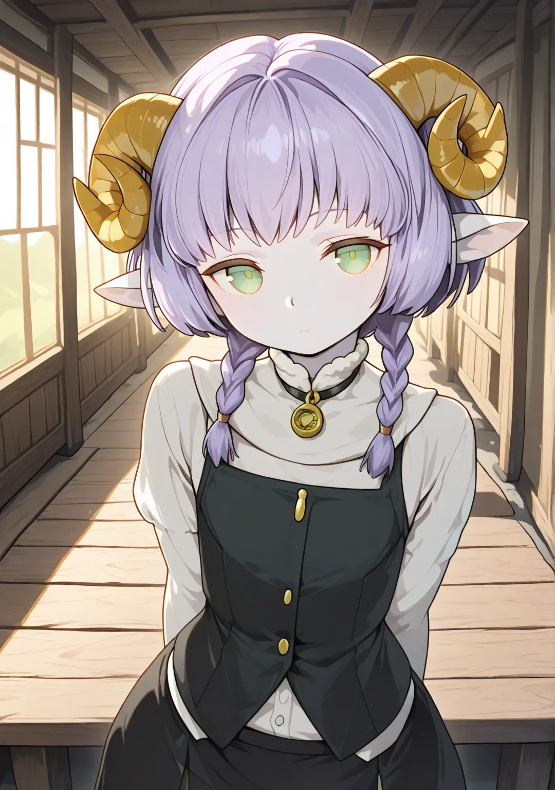 nanostyle , ram boy , alone, best quality , One, lamb ears  , (sheep horns  :1,5) , Very detailed illustration , ( Anthropomorphic lamb boy in the background:1,7), Light skin , purple hair, green eyes, (19 years old) hair in braids  , seductive look , flat...