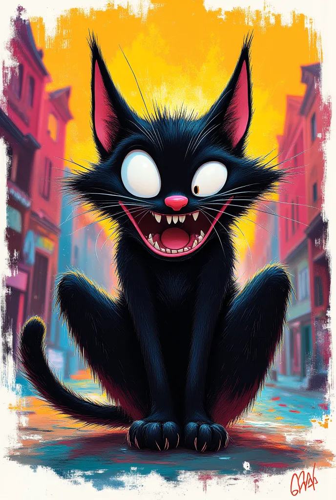  A grotesque caricature illustration crazy epic adult cute full body wild black cat (awkward, comical) comical face in disney cartoon style 2d 