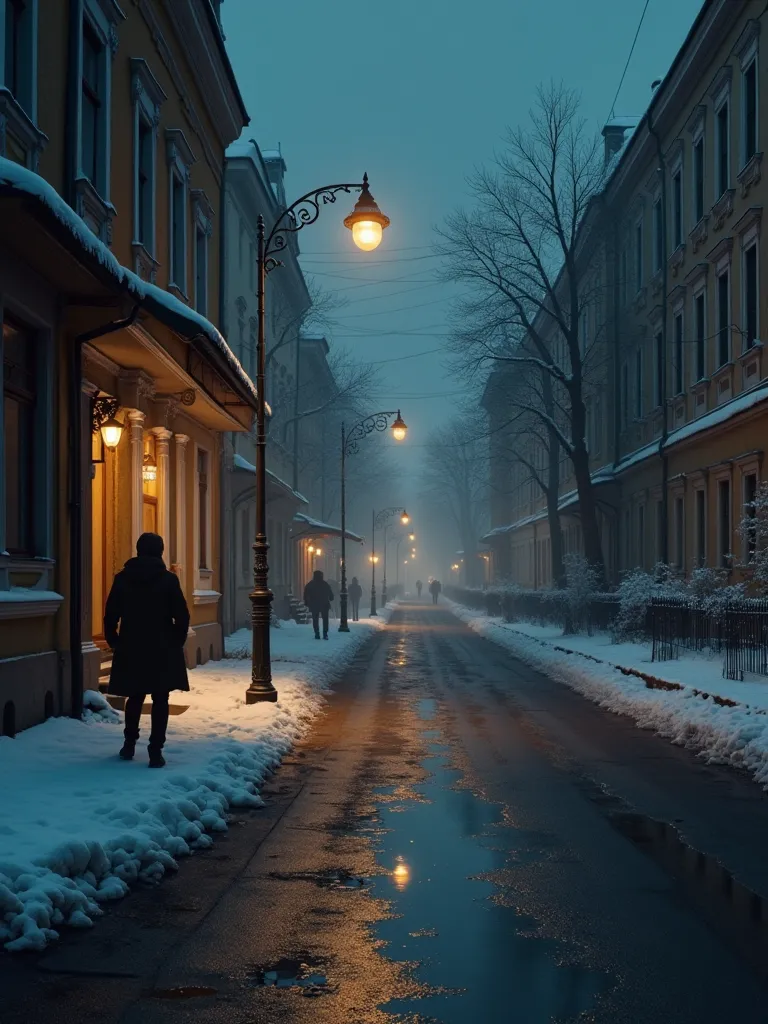  early spring. The streets of St. Petersburg in the evening. snow and puddles on asphalt. A retro flashlight is on in the foreground