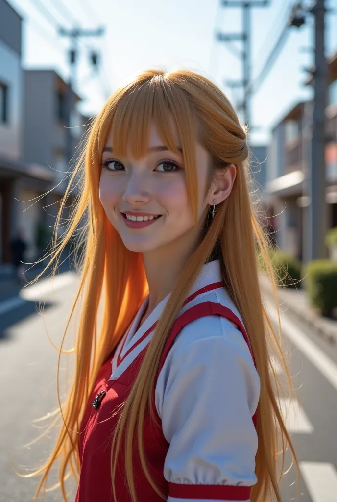 A clear ultra hd dynamic image of A woman (golden long hair up to her hips, brown eyes, smiling face, 48 chest size),wears japanese school dress and walking on road in street of Japan . Realistic image