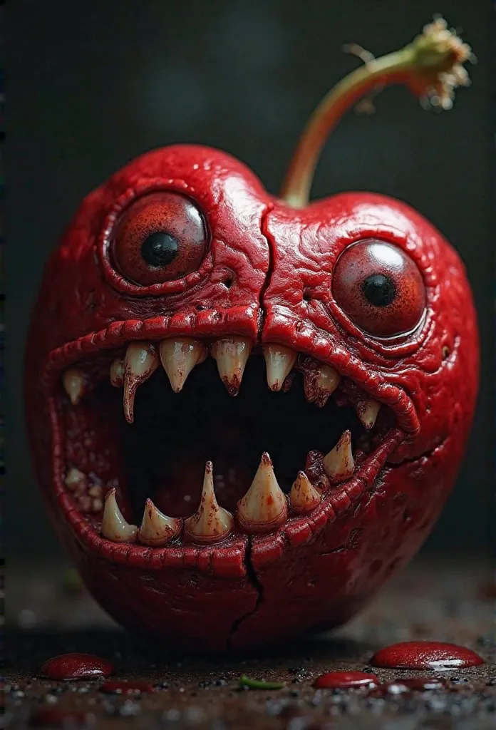 A hyper-realistic, ultra-detailed 4K render of a monstrous, living cherry creature with disturbingly organic features. Its skin is deep red, slightly wrinkled, and stretched over an overripe, swollen body, with small cracks revealing glimpses of pulpy fles...