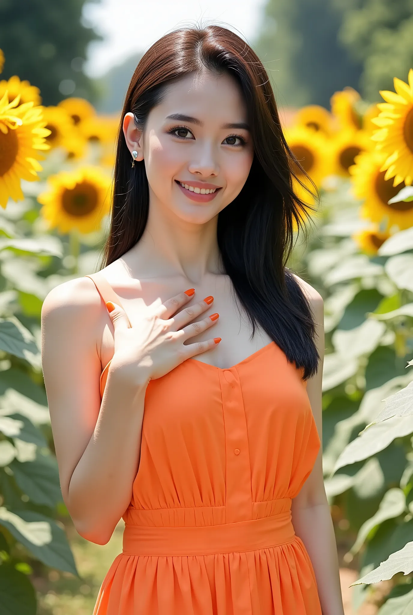 close up shot photo, Instagram model, realistic portrait photo of a beautiful Asian woman, she wearing on orange color sundress with bare shoulder, beautiful make-up, energitic and youthful pose, put a hand on chest, sunlights outline her figure, she has o...