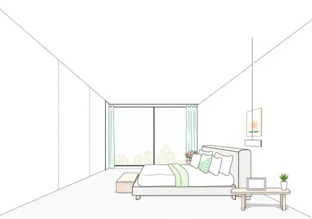 A beautiful bedroom with a fresh and modern 'Wasabi' style, featuring a soft green and white color palette. The bed has a beige upholstered frame with a white headboard, dressed in a green and white duvet cover with a tropical leaf pattern. The bedding inc...