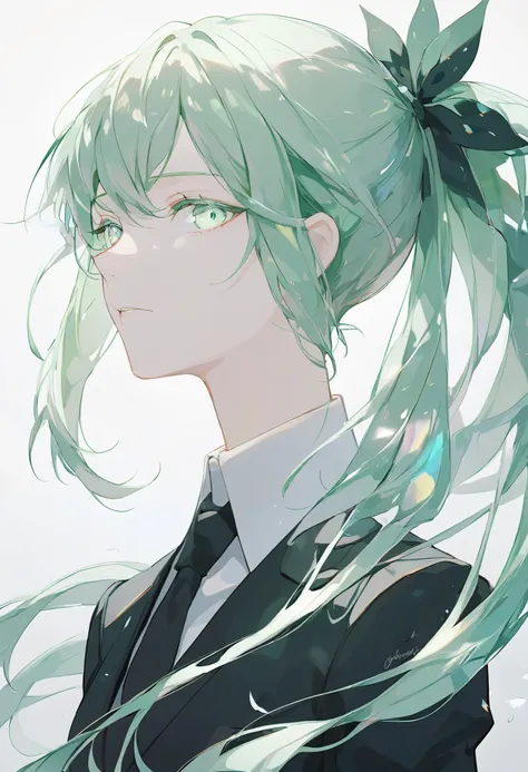 Beautiful, solo, long hair, ponytail, light green hair, light green eyes, white shirt, black suit, houseki no kuni