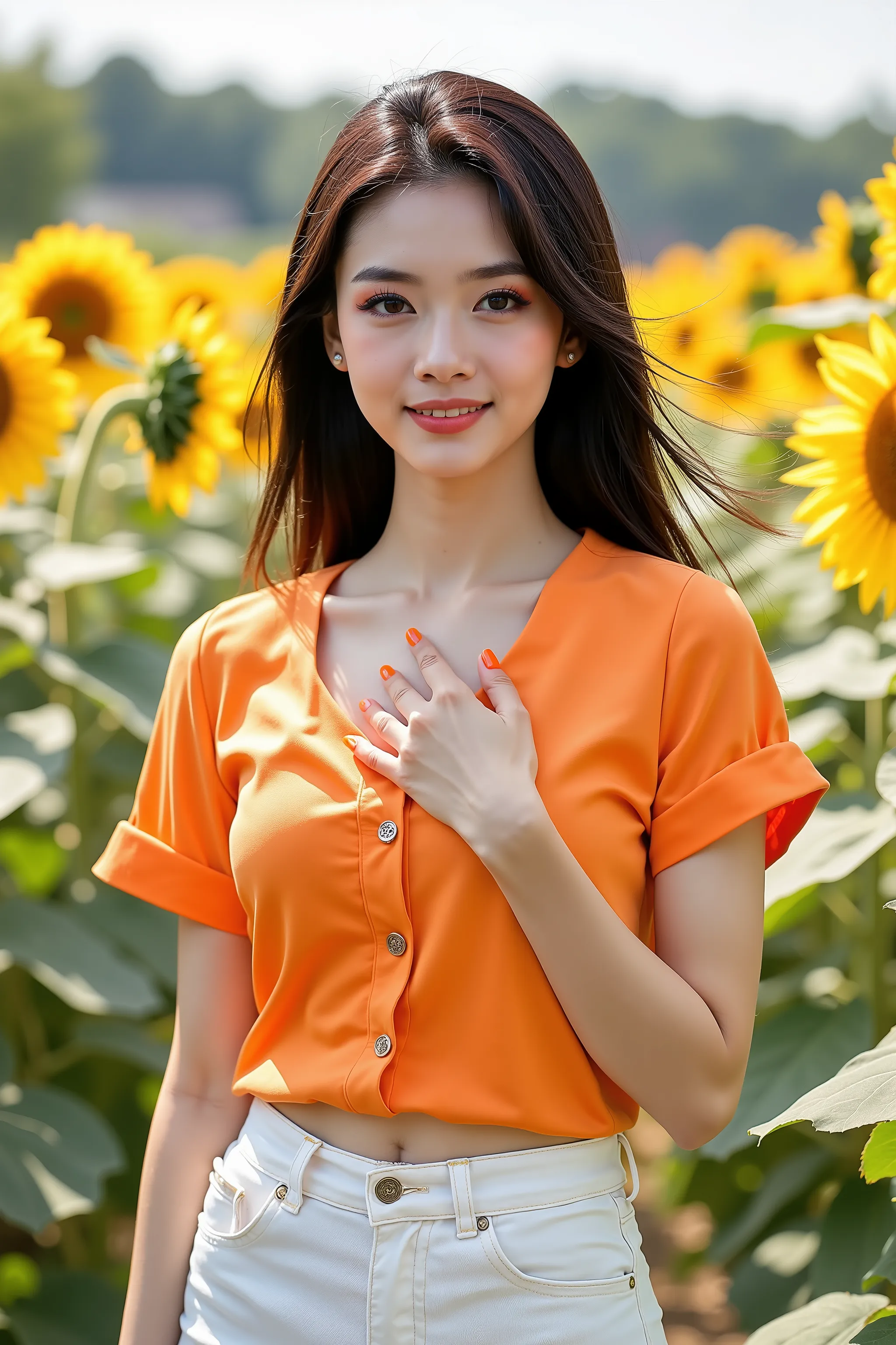 close up shot photo, Instagram model, realistic portrait photo of a beautiful Asian woman, she wearing on orange color short sleeve blouse and white denim pants, beautiful make-up, energitic and youthful pose, put a hand on chest, sunlights outline her fig...