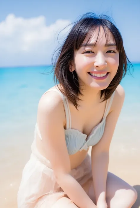 1 girl, Adult Female,Age 30,beautiful face,Japanese,black hair semi-long,(Big Breasts:1.5), bikini、gravure pose without glasses、bikiniを着た元気な若い女性が、They are happily posing in an enchanting pose at the seaside in summer。 she has a bright smile 、Beautiful skin...