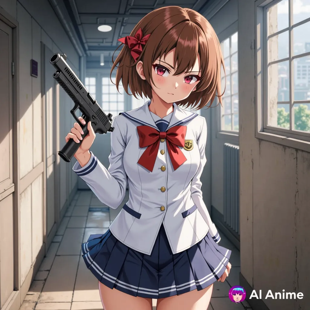 Short bob haired aggressive, dangerous and evil school girl posing with a gun in her hand