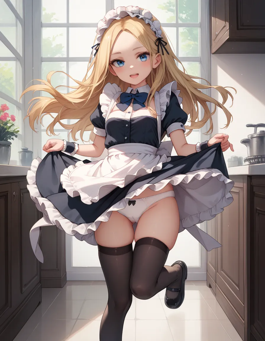 score 9 up, score 8 up, score 7 up, score anime, 
BREAK 
1girl, solo, small breasts, long hair, sidelocks, forehead, blonde hair, blue eyes,  parted bangs, blush, 

maid, maid headdress, wrist cuffs, frilled hairband, 
shirt, short sleeves, center frills, ...