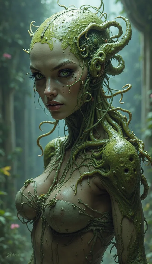 Create a highly detailed and realistic illustration of a woman who has been infected by an alien parasite. The person should have a mix of human and alien features, with strange tendrils or organic growths emerging from their skin, especially around the fa...