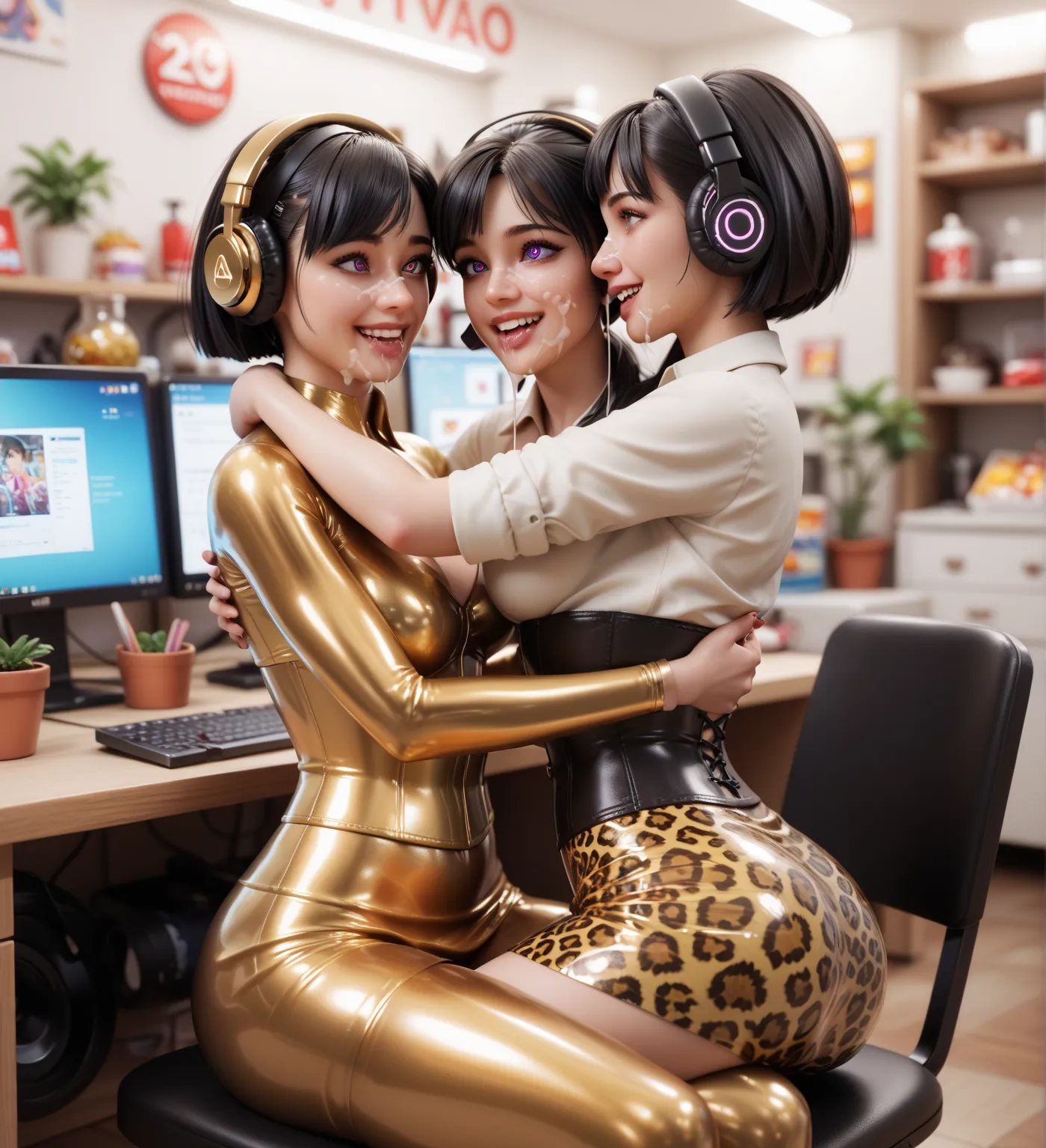   mother and daughter in extremely tight , shiny ,  golden latex polo shirt with long, tight skirt , corset,  pot-cut black hair  , saliva, salivafluss, spiral eyes, salivaspur,  reflection ,   reflecting light ,  high resolution ,  masterpiece,   are sitt...