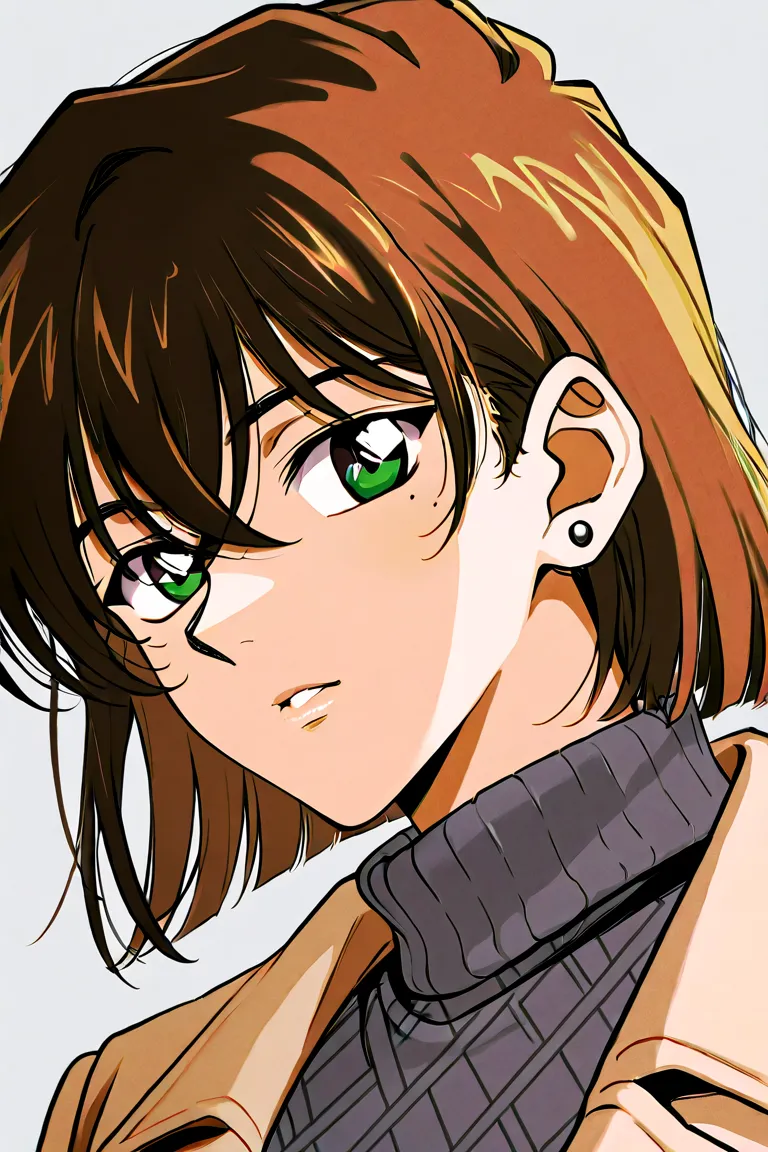 Image is a digital illustration featuring a stylized portrait of a woman with a neutral gray background, inspired by the anime style of Detective Conan. The subject has fair skin and short, straight brown hair that partially covers one eye. The visible eye...