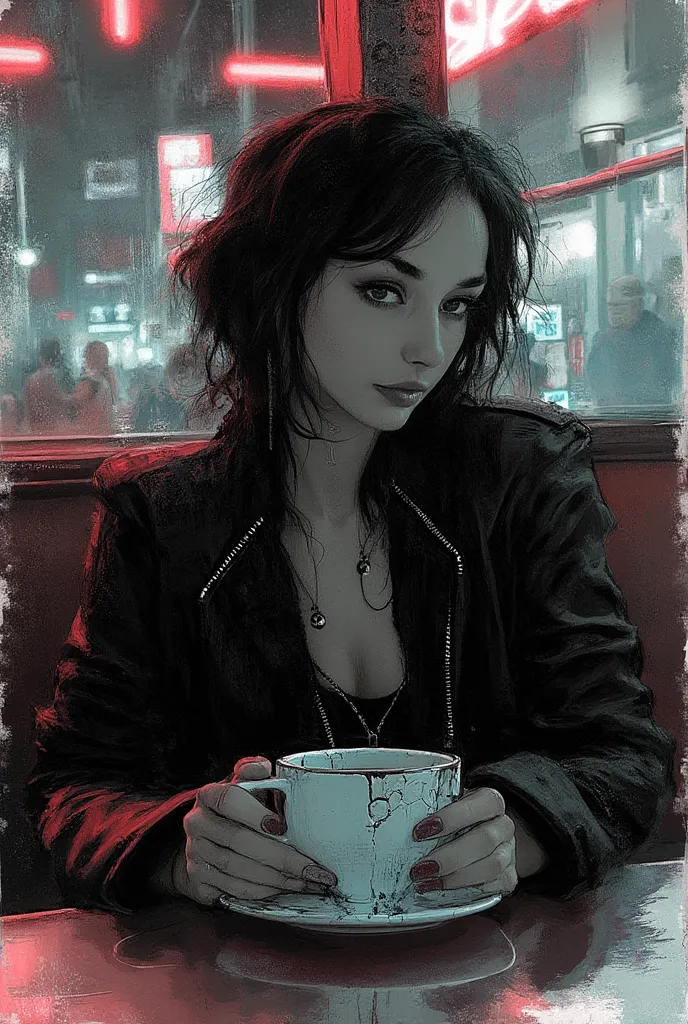 A striking, high-contrast ink sketch of a young woman sitting alone at a dimly lit diner booth, her fingers idly tracing the rim of a chipped coffee cup. Loose, expressive strokes capture her oversized leather jacket draped casually over her shoulders, wit...