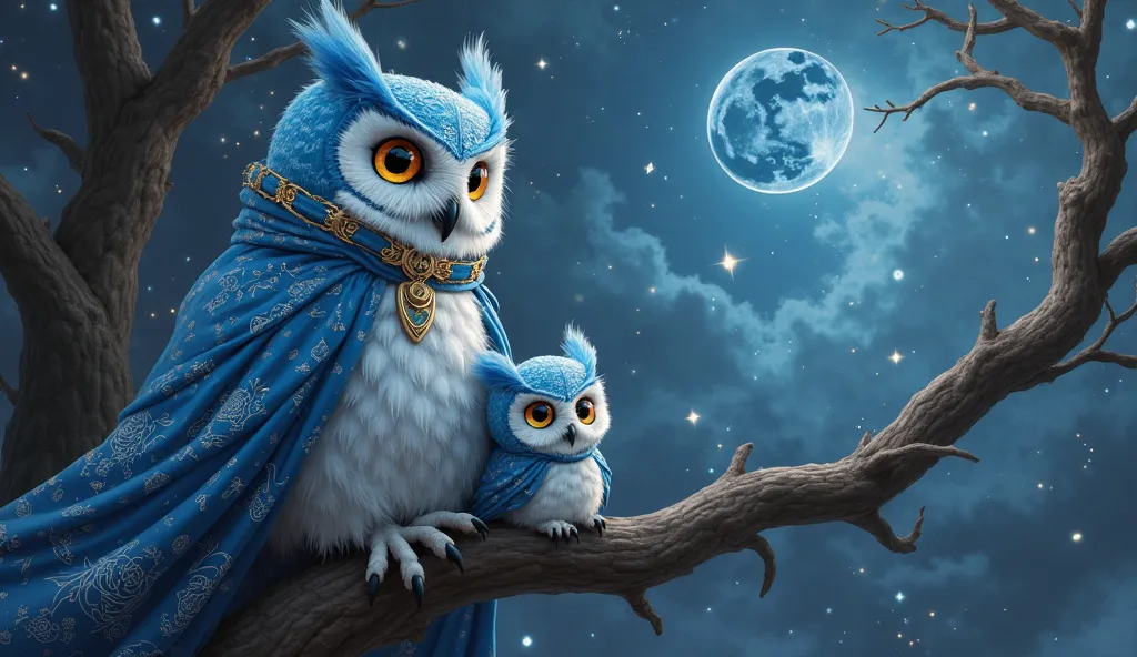  the majestic owl king symbolizing good luck。a white Japanese-style pattern is drawn on the blue feathers。the owl is wearing a blue cloak、has a white Japanese-style pattern drawn on the cape。the king of owls is perched on an old tree branch。
A baby owl is ...