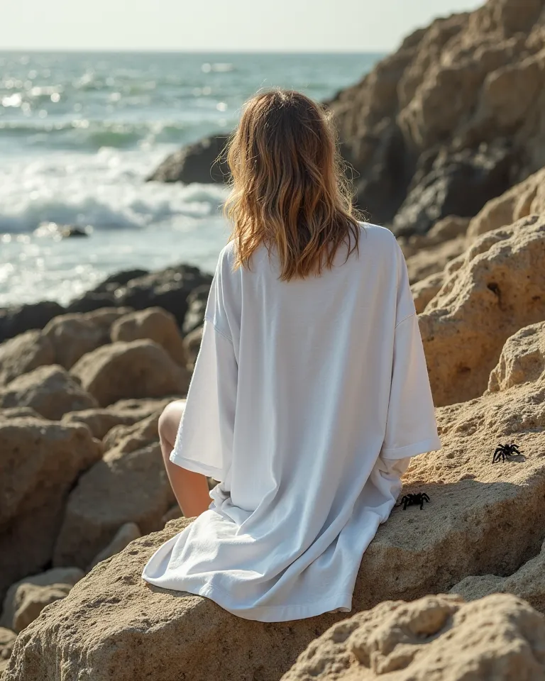 A **minimalist coastal fashion editorial** with a vintage touch, set against the raw beauty of a **rocky shoreline**, where waves crash gently in the background, creating a serene yet powerful atmosphere. A **plain white oversized t-shirt** is casually dra...