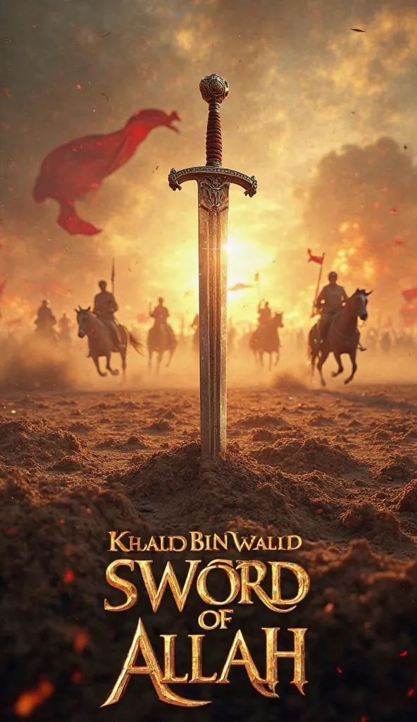 A cinematic and dramatic battlefield scene representing Khalid Bin Walid’s legendary battles. The focal point is a shining sword embedded in the ground, symbolizing the title "The Sword of Allah." The background features a desert battlefield with dust, fir...