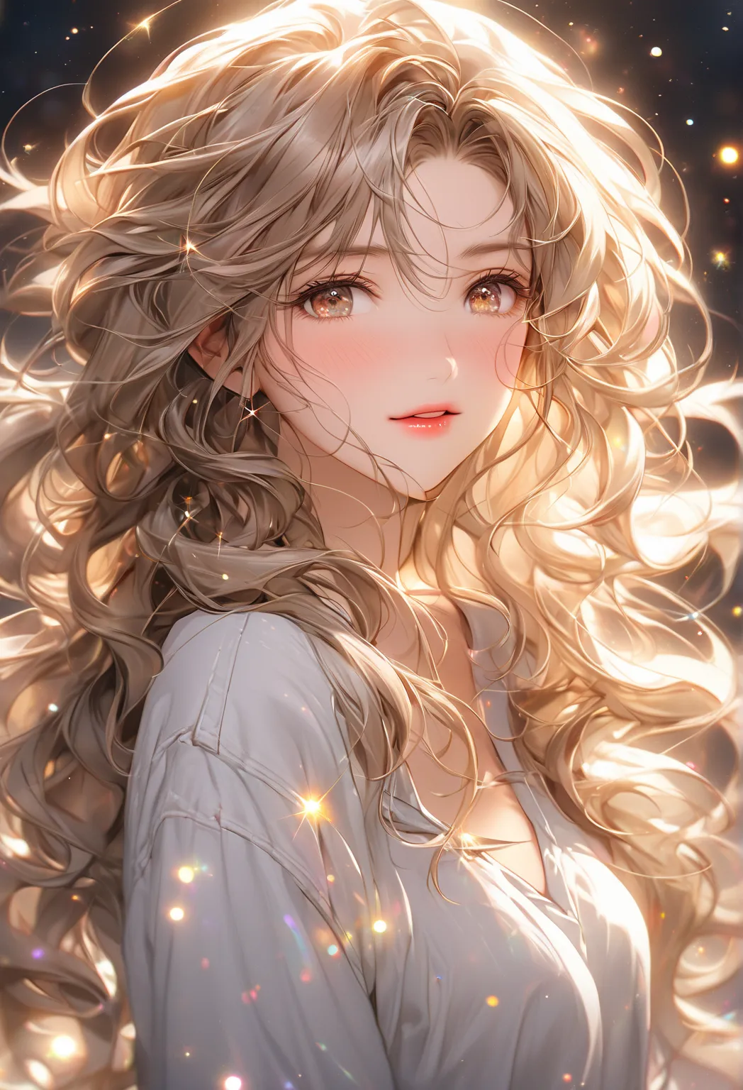  top quality, super fine, 16k,   Incredibly Absolute,  very detailed, 2.5D,  Gentle Yet Dynamic Depiction ,  in beautiful image quality, Passionate and Lustful Expressions ,  Light Brown Disheveled Wavy Hair , Compensate,  casual clothes,  ,  sparkles and ...