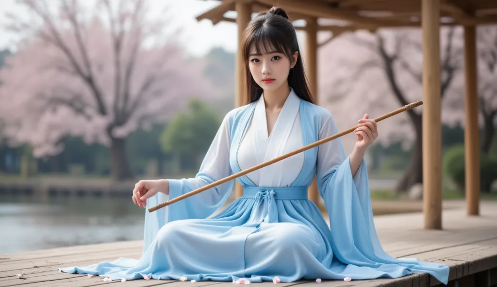 "Create an image of a woman in a light blue and white Hanfu, playing a guzheng, on a wooden pier, cherry blossom petals falling around her, a bamboo gazebo behind her, soft and diffused light, serene and elegant atmosphere."