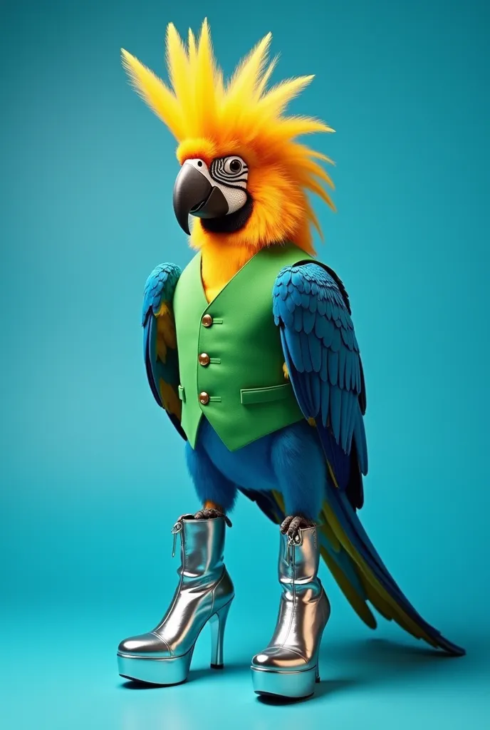 The image shows a surrealistic and humorous digital montage of an anthropomorphized blue macaw. The animal has its original body, but with some stylized modifications:
 
 
1.  
**Head and Beak**: the macaw maintains its natural head and beak, characteristi...