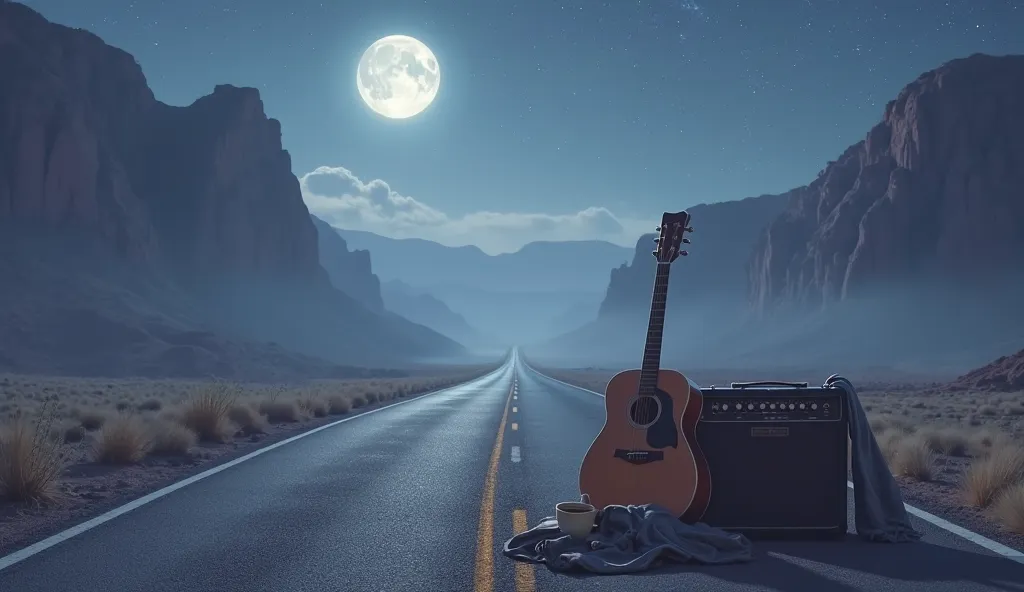 desert or on a cliff, with an empty road stretching to the horizon, illuminated by the soft light of the full Moon. In the center of the scene, } a vintage acoustic guitar is supported by an amplifier, with a bench near, suggesting that someone just played...