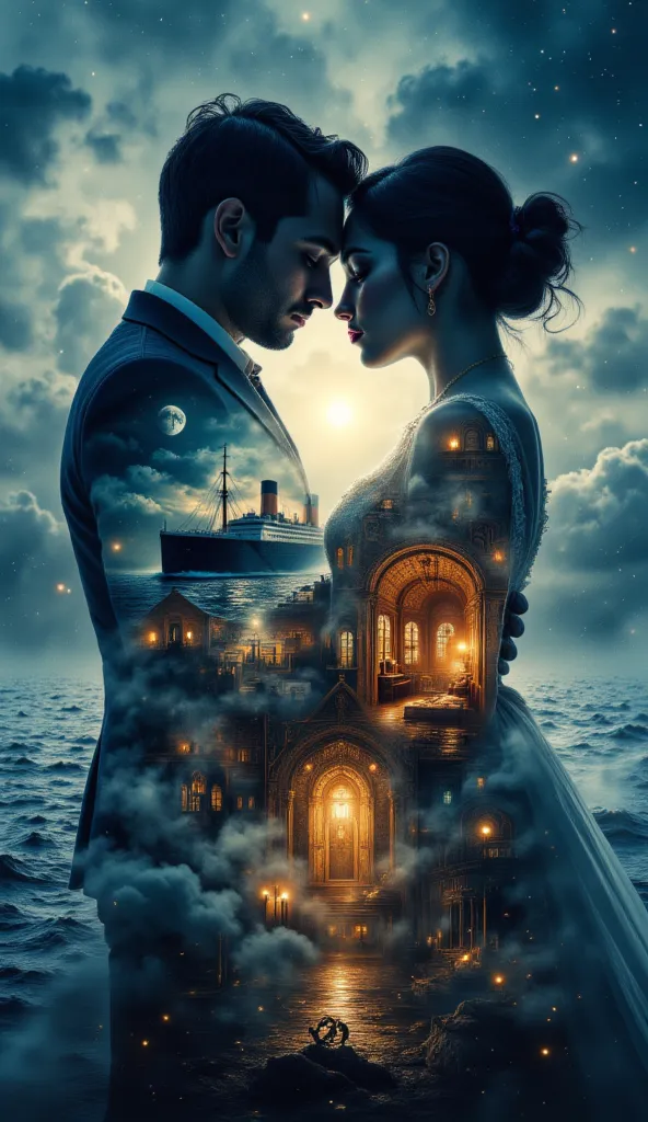 A multi-exposure portrait blending the tragic romance of Titanic. The central figure is a couple embracing, their silhouettes seamlessly merging with iconic imagery: the grand ship sailing under a moonlit sky, crashing waves, and an ornate ballroom glowing...