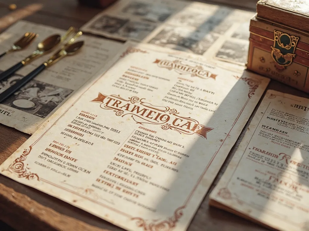  Old and vintage-designed photos and menus  , marketing event, logo, present it in pdf, just a small logo 