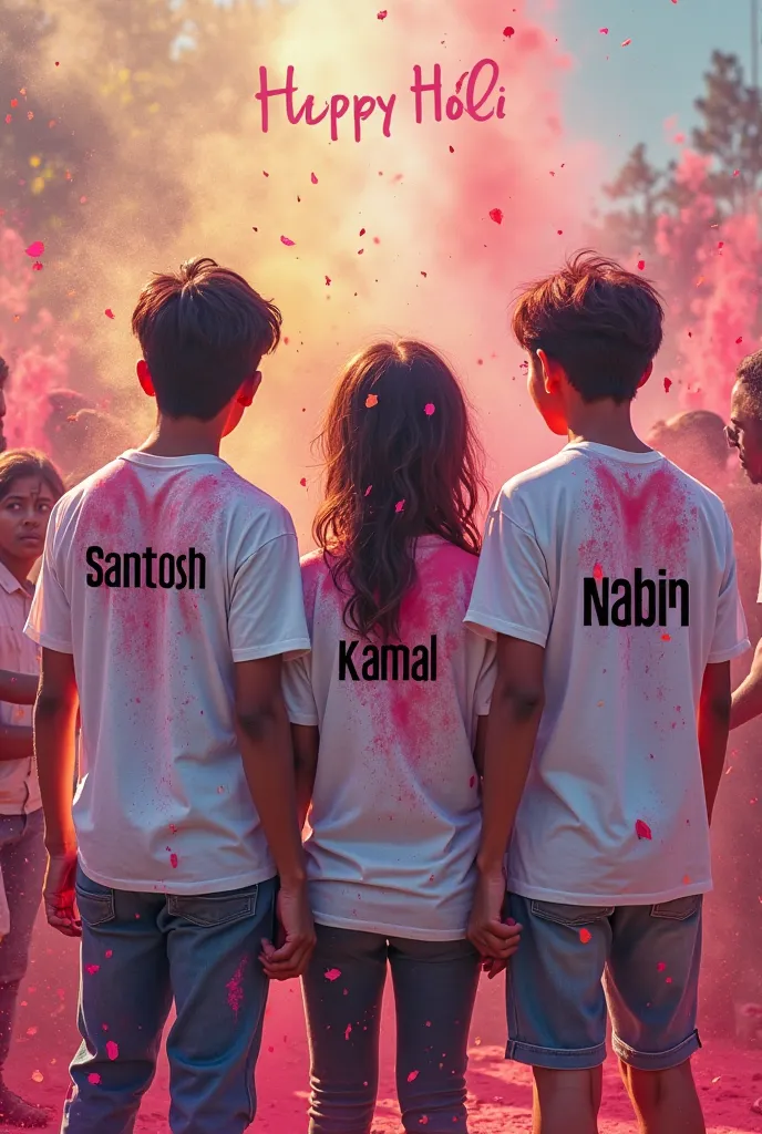 Three best friends are playing Holi, wearing white T-shirts. One T-shirt has ‘(Santosh)’ written on it, the second one has ‘(kamal)’, and the third one has ‘(nabin
)’ written in large letters. All around them, ren are celebrating Holi. At the top, in large...