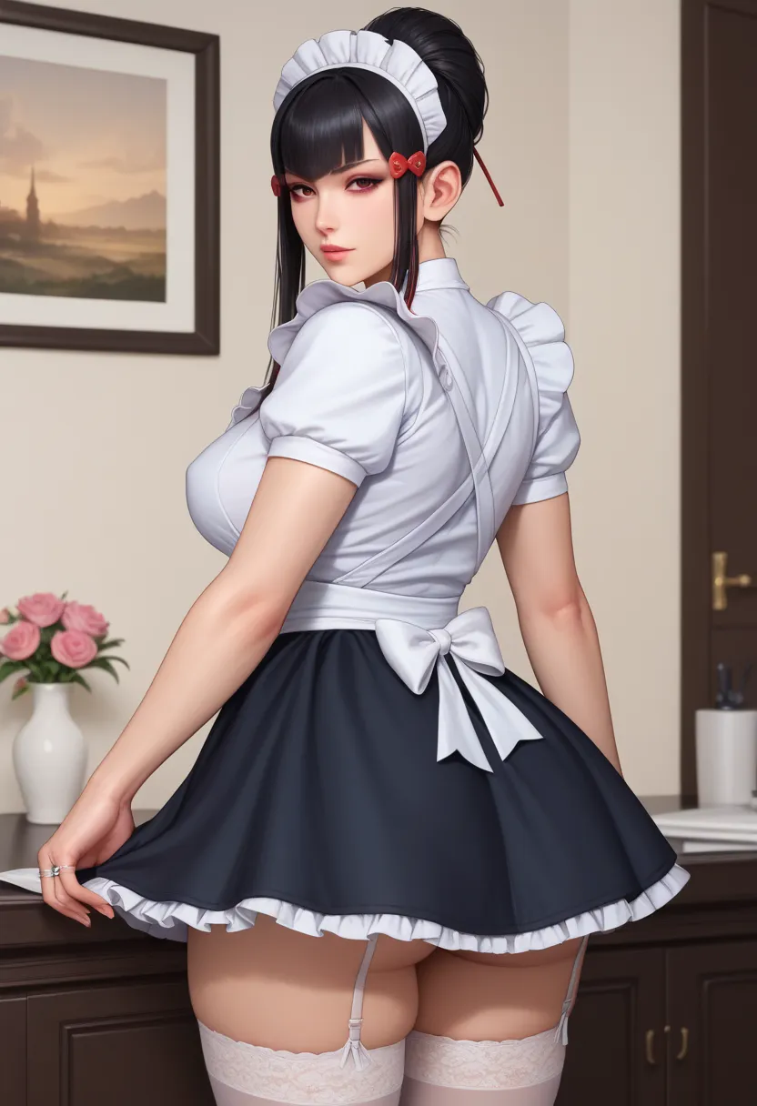 score_9, score_8_up, score_7_up,  source_anime,  BREAK solo, 1 girl,   TKNKZMI, black hair, blunt bangs, eye shadow, sidelocks, hair ornament, hair bun, , wedding ring,thick thighs,, cleaning up, sexy maid outfit, 3D Rendering, Super Detailed, Looking back...