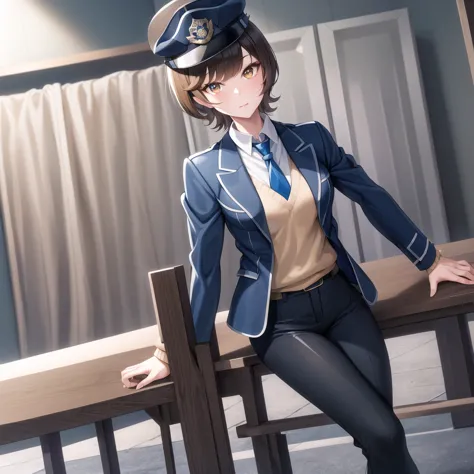 masterpiece, best quality, High Resolution, short hair,  black hair, brown eyes, Police Officerの制服,  blue tie, blue jacket, Open Jacket, long sleeve, blue pants, standing, Police Officer、Hats off