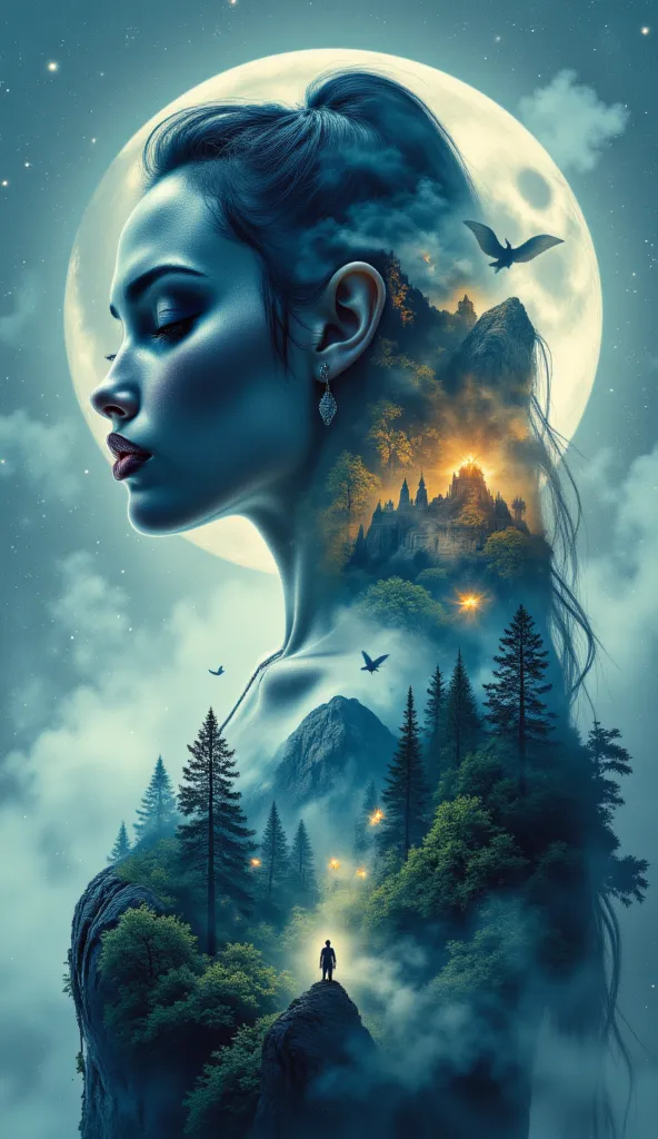 A multi-exposure portrait blending the mystical world of elves, fairies, and dragons. The central figure is an elegant elven warrior with piercing eyes, their silhouette seamlessly merging with an enchanted forest bathed in moonlight. Inside their form, de...