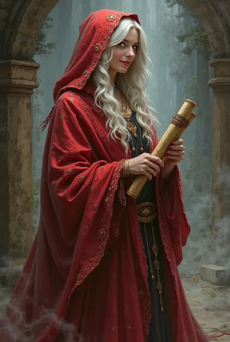 witch in red robe hooded with white edge holding rolled scrolls white hair smiling