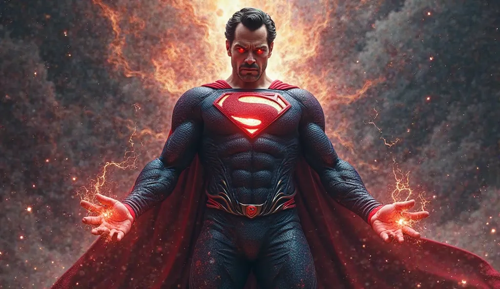 Create a monstrous hybrid fusion of Superman and Doctor Strange, blending their defining features into a single, seamless, yet terrifying entity. This being should have Superman’s muscular, god-like physique and the red and blue color scheme, but fused wit...