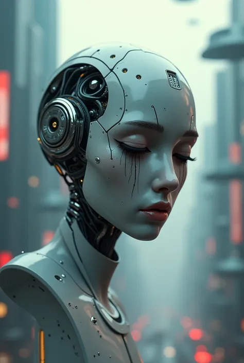 Ultra-realistc, futuristic,  head robot sad flying and crying 