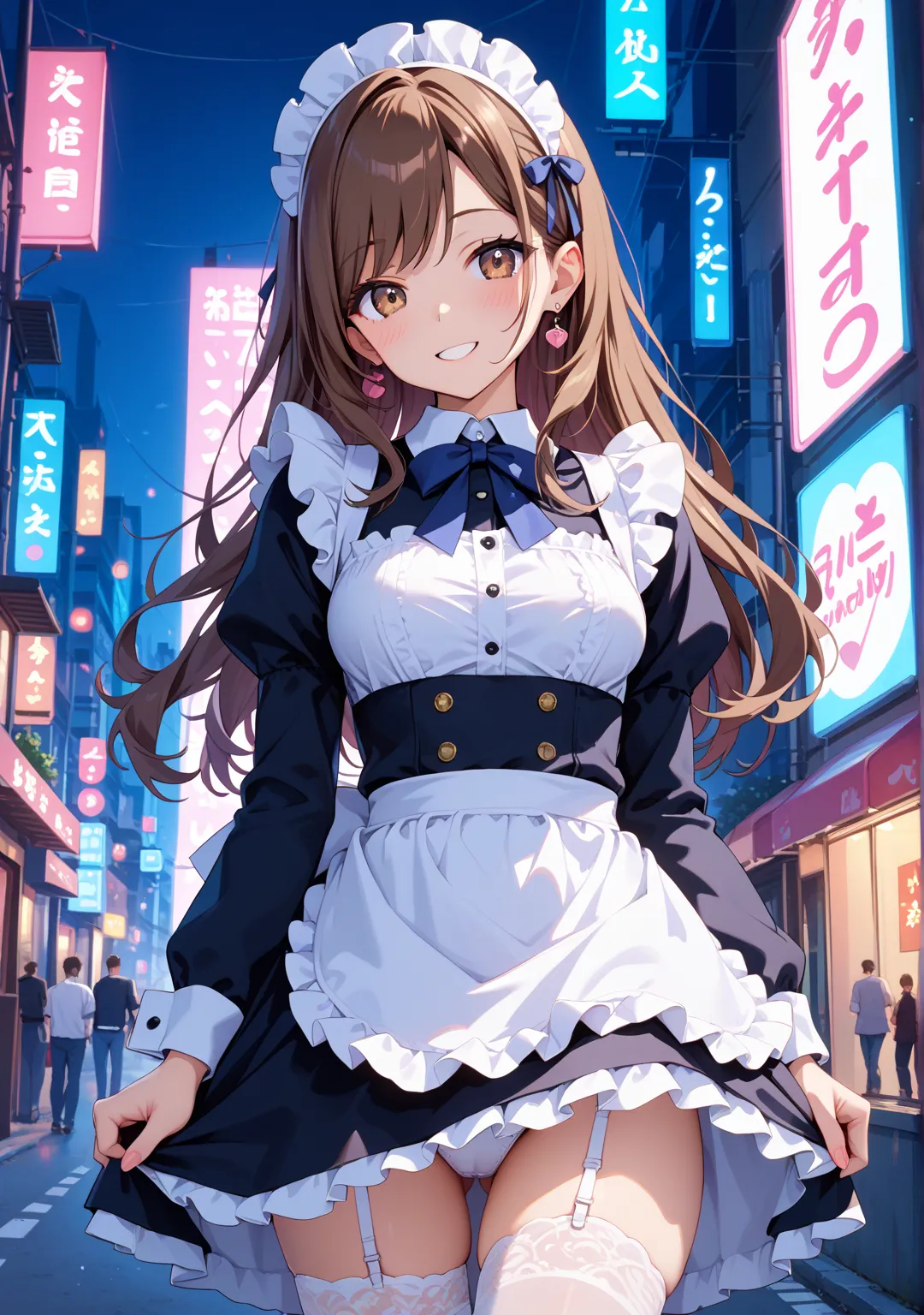 nsfw,maid clothes,one girl,long hair caught in a hole,straight hair that can't be seen from the outside ,brown hair,{Brown Eyes},swept bangs,Neon City,maid clothesの女の子,night,lift skirt,white panties,white garter belt,dark blue ribbon,disconcerted,blush,smi...