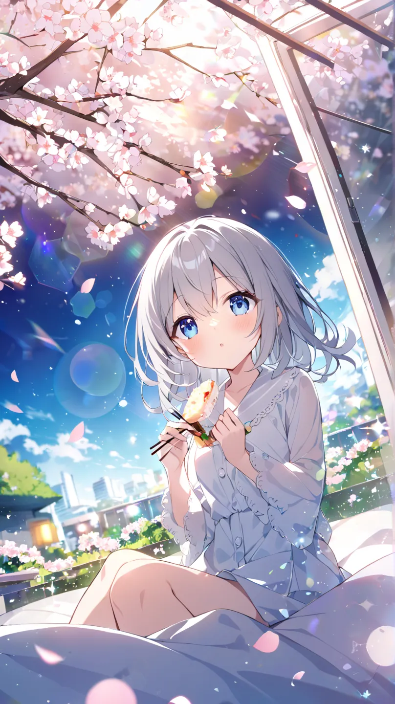 garden、blue sky、cherry blossoms、cherry blossoms吹雪、solo, 1 girl, blue eyes, Grey Hair、in bed looking up at the sky、How hair flutters in the wind、sit、Eat lunch、chopsticks、dutch angle, lens flare, glitter effect, blurred background,  overexposure、