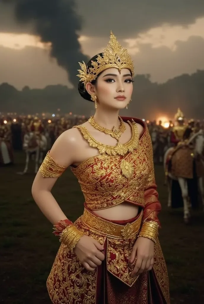 A Thai woman in full royal costume, with a slight mustache, wearing an elaborate Ayutthaya-era Thai royal costume with gold detailing, the background is a chaotic battlefield, with other mounted soldiers appearing under a dark sky filled with smoke and dus...