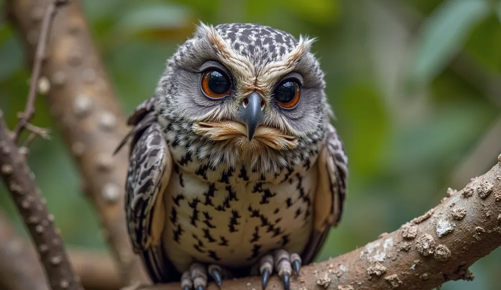 A camouflaged Tawny Frogmouth perched on a tree branch, its mottled gray and brown feathers blending perfectly with the bark. Its large, sleepy eyes and wide mouth give it an amusing, owl-like appearance.