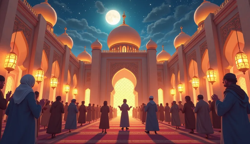 A grand mosque lit with glowing lanterns and intricate Islamic calligraphy. Inside, rows of men and women stand in deep prayer, their hands raised in supplication. The atmosphere is serene, with moonlight streaming through stained glass windows.The image s...